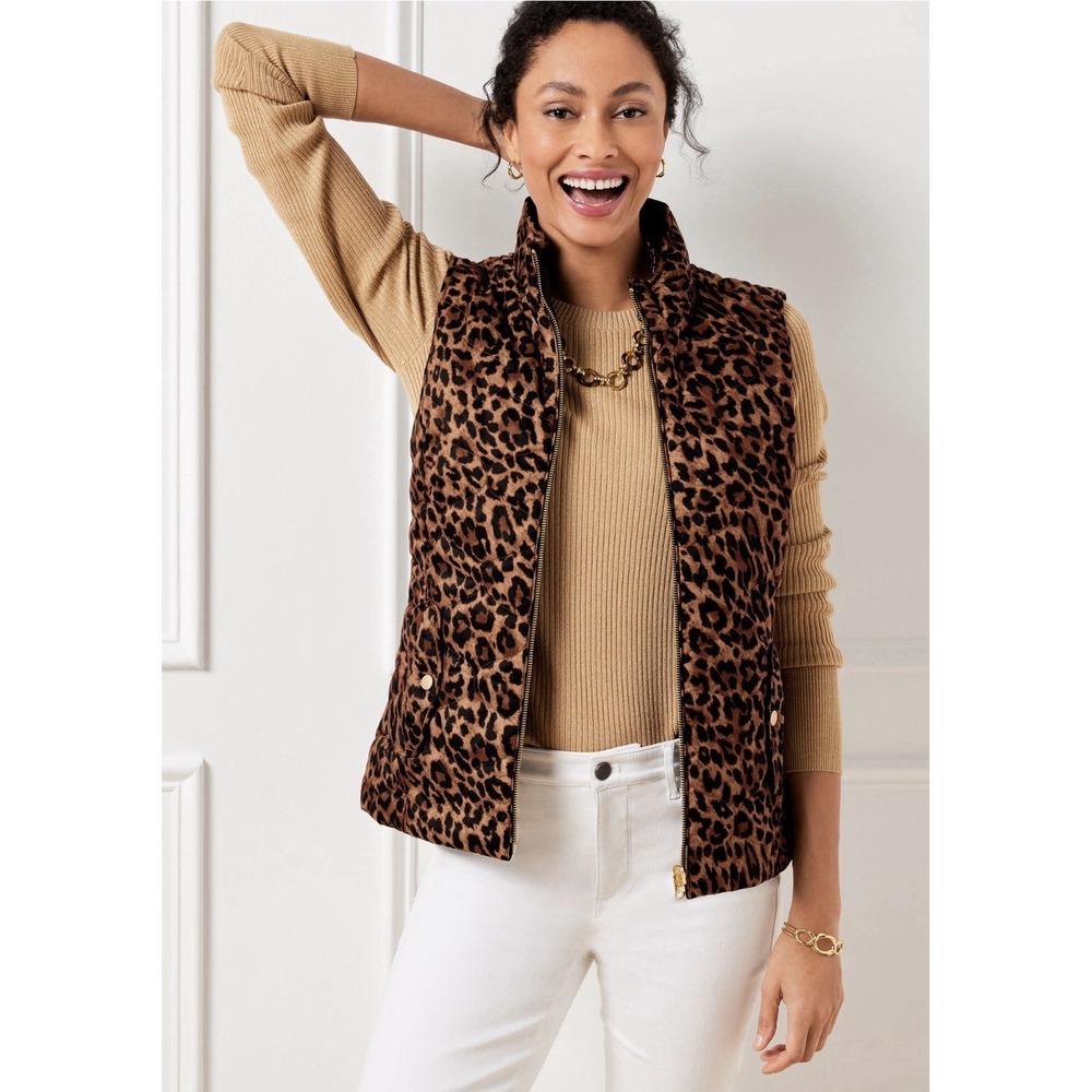 Talbots REVERSIBLE QUILTED VEST - LEOPARD Size M Animal Print Zip Jacket Perfect